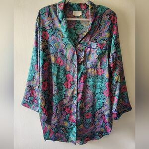 California Dynasty 80s Colorful Paisley Satin Button Sleep Shirt Dress Medium